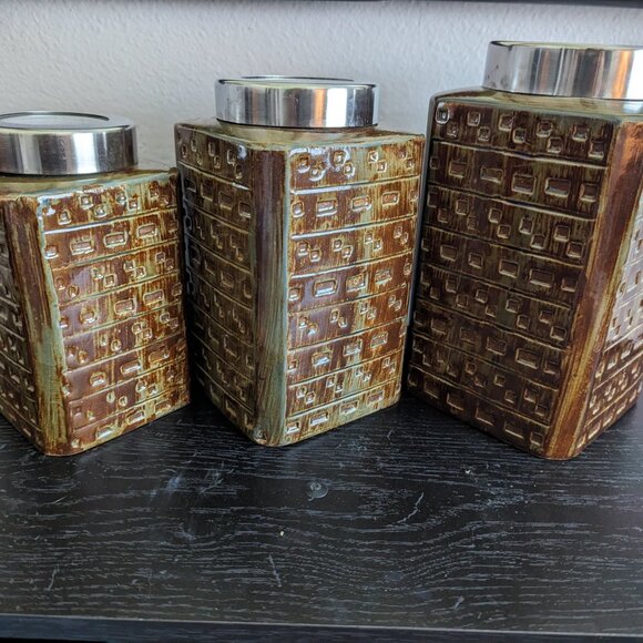 Pier One Imports Stoneware Canister Set Metal Megnet Scoops Textured - Picture 2 of 15